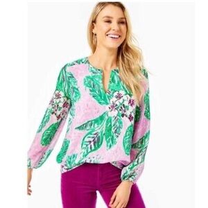 NWT Lilly Pulitzer Aaron Silk Top in Magnolia Lilac Leidees Night XS